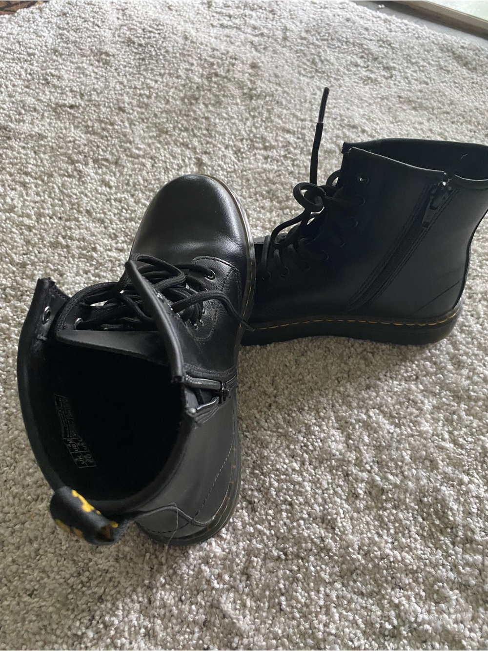 Dr. Martens Kids Black Leather Lace-Up Ankle Boots with Yellow Stitch size 4